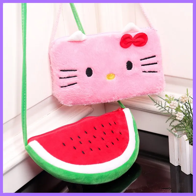 New Cute Cartoon Cat Watermelon Plush Crossbody Bag for Kids – Soft Stuffed Shoulder Purse with Adjustable Strap, Perfect Snack Bag for Boys & Girls